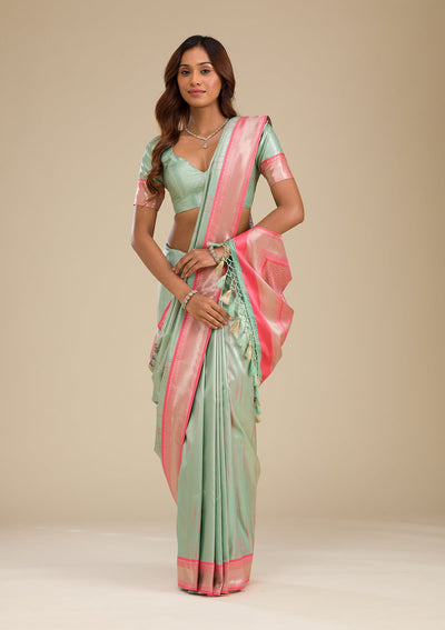 Pista Green Zariwork Soft Silk Saree-Koskii