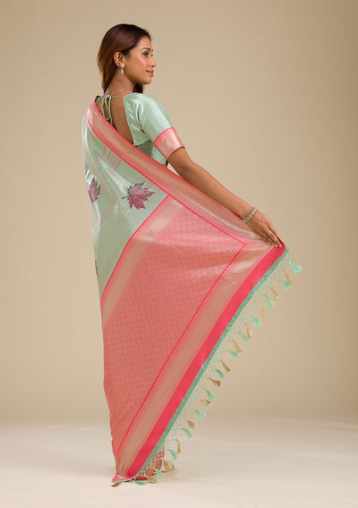 Pista Green Zariwork Soft Silk Saree-Koskii
