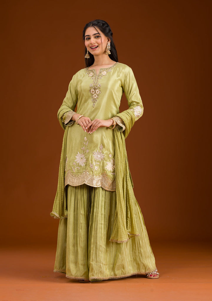 Pista Green Zariwork Tissue Readymade Salwar Suit-Koskii