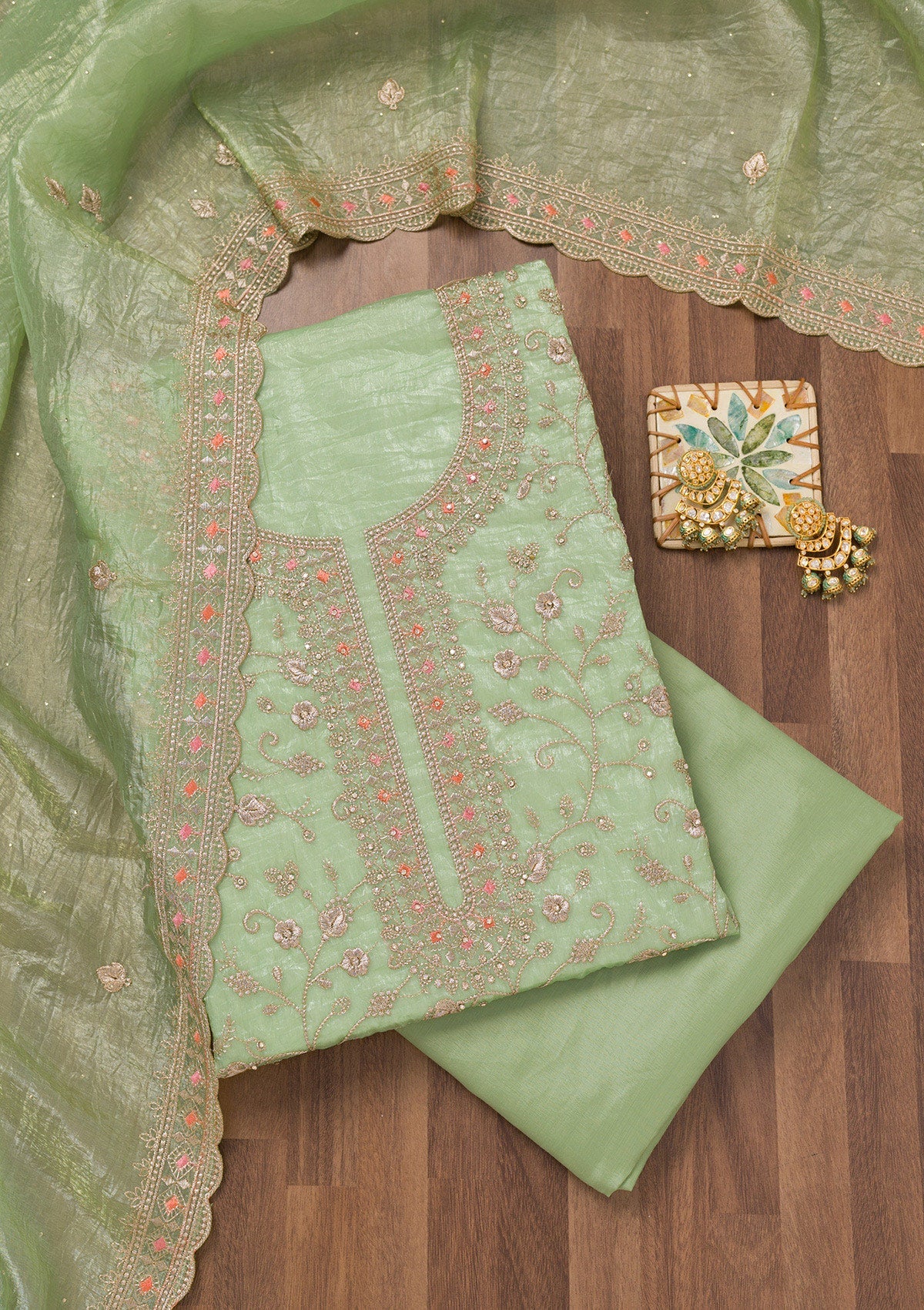 Pista Green Zariwork Tissue Unstitched Salwar Suit-Koskii