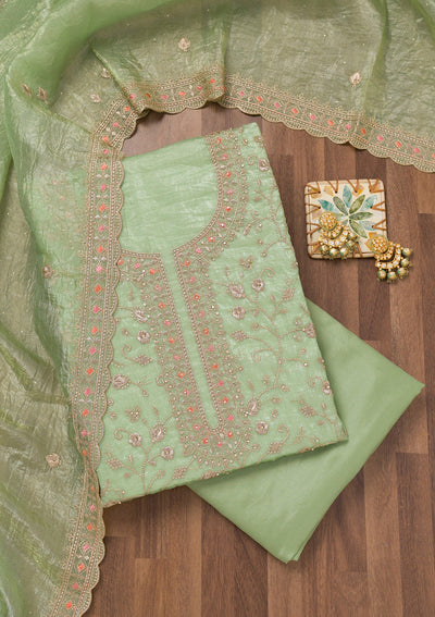 Pista Green Zariwork Tissue Unstitched Salwar Suit-Koskii