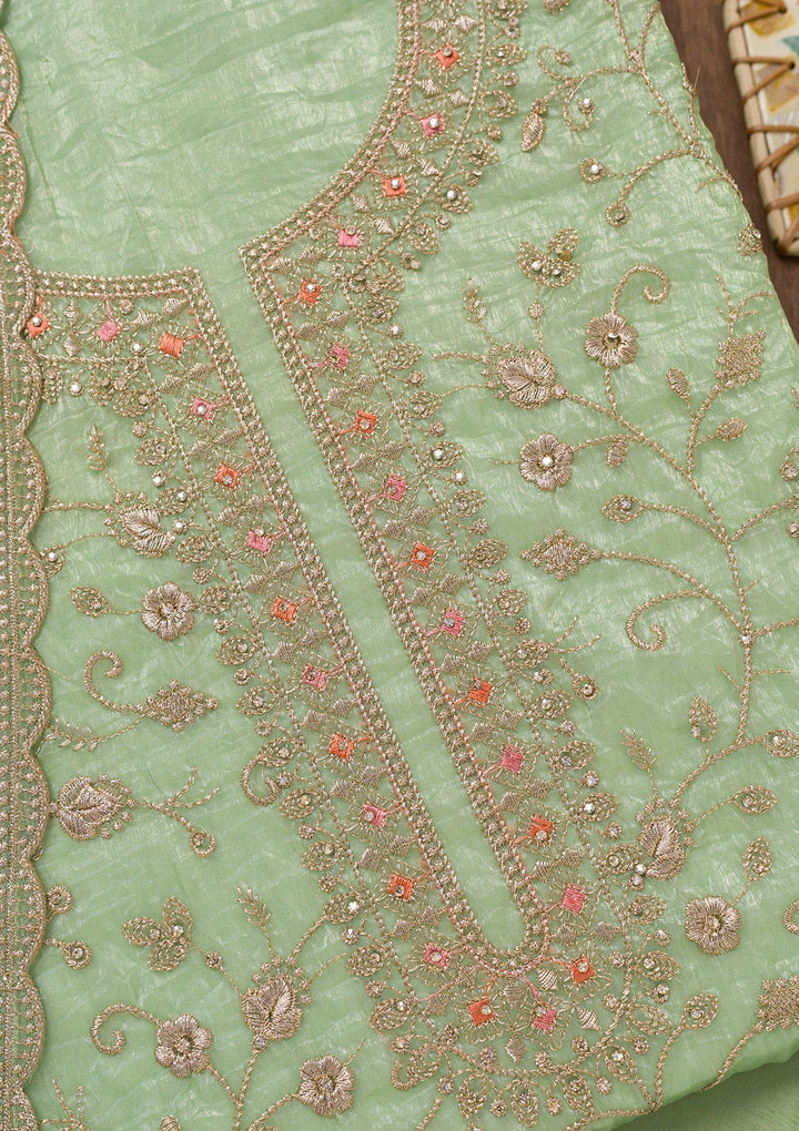 Pista Green Zariwork Tissue Unstitched Salwar Suit-Koskii
