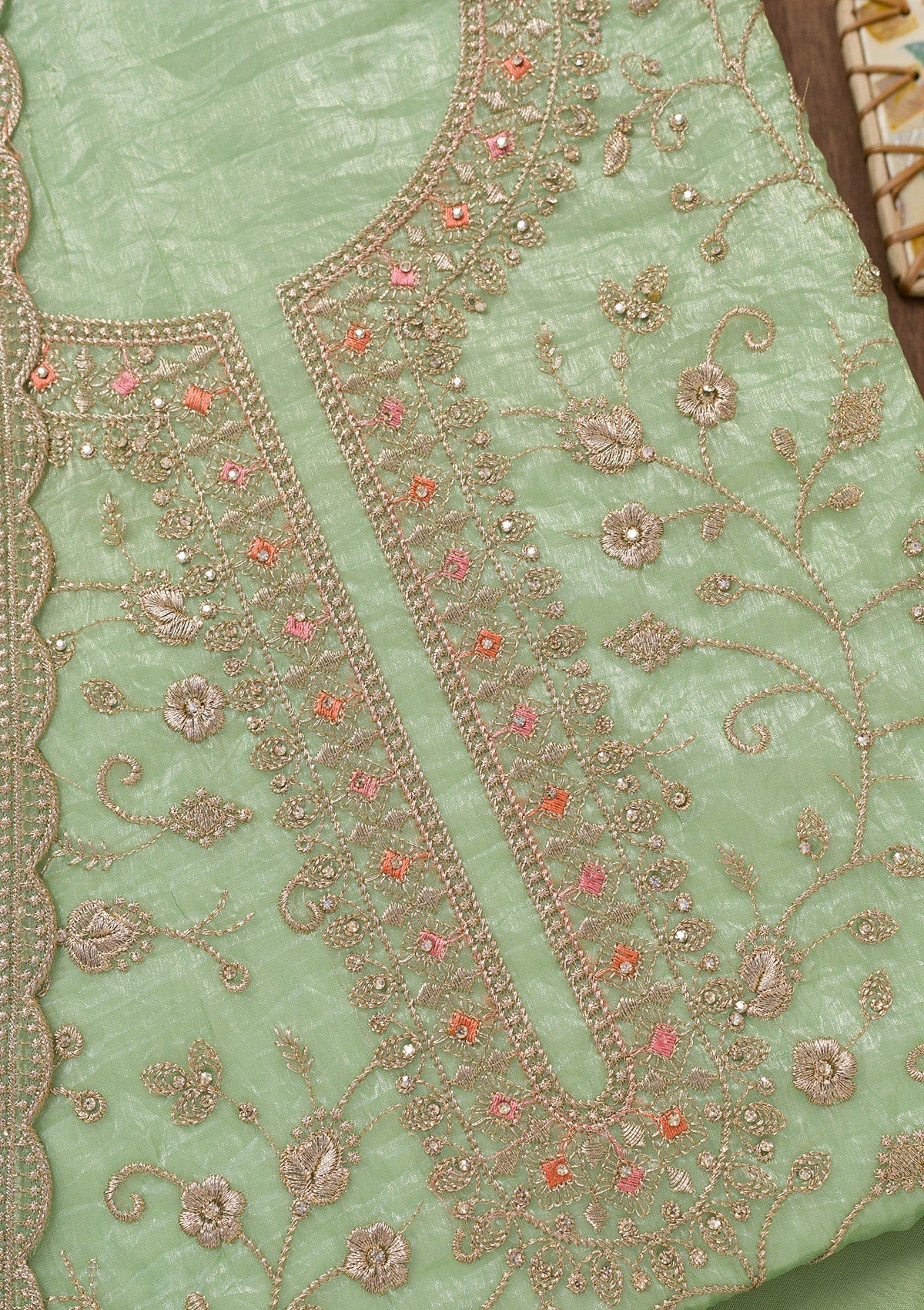 Pista Green Zariwork Tissue Unstitched Salwar Suit-Koskii