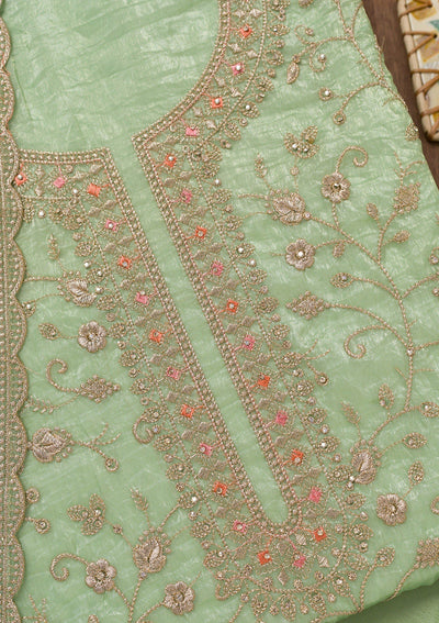 Pista Green Zariwork Tissue Unstitched Salwar Suit-Koskii