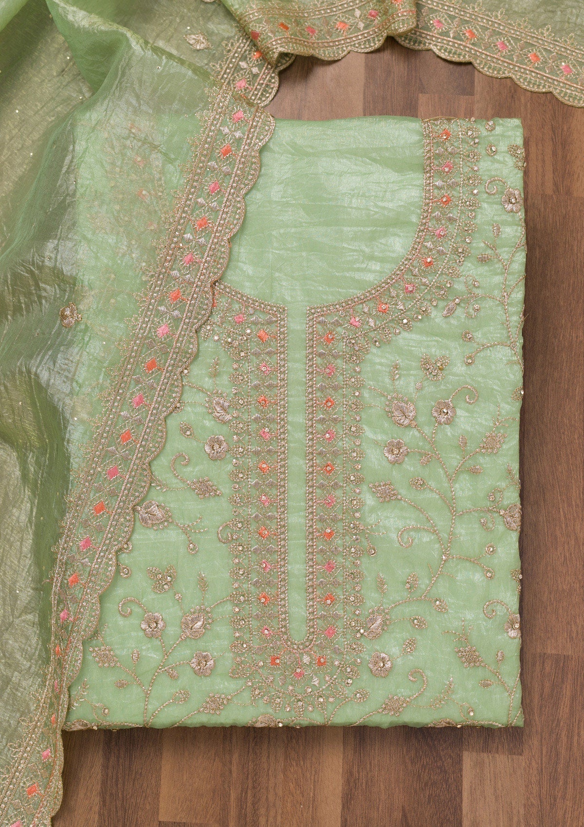 Pista Green Zariwork Tissue Unstitched Salwar Suit-Koskii