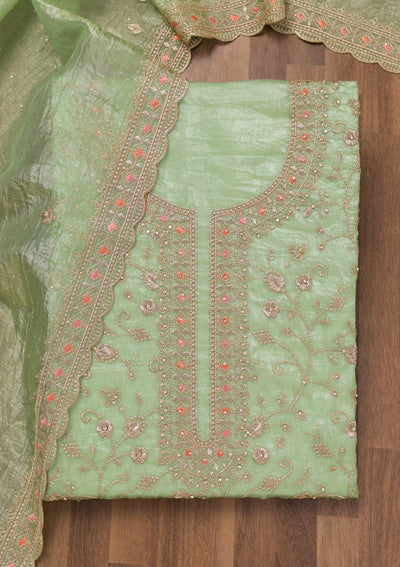 Pista Green Zariwork Tissue Unstitched Salwar Suit-Koskii
