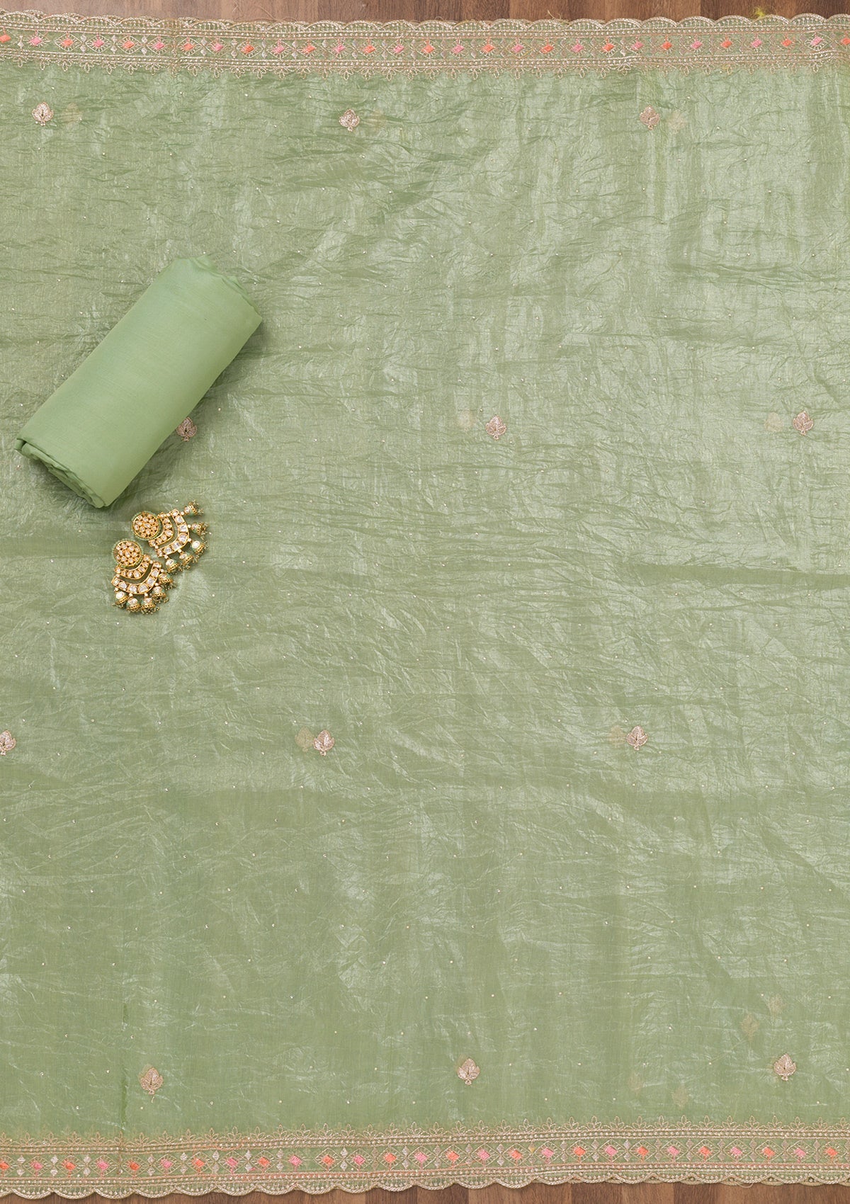 Pista Green Zariwork Tissue Unstitched Salwar Suit-Koskii