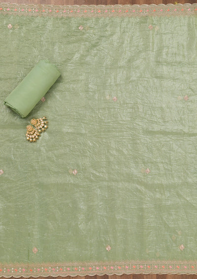 Pista Green Zariwork Tissue Unstitched Salwar Suit-Koskii