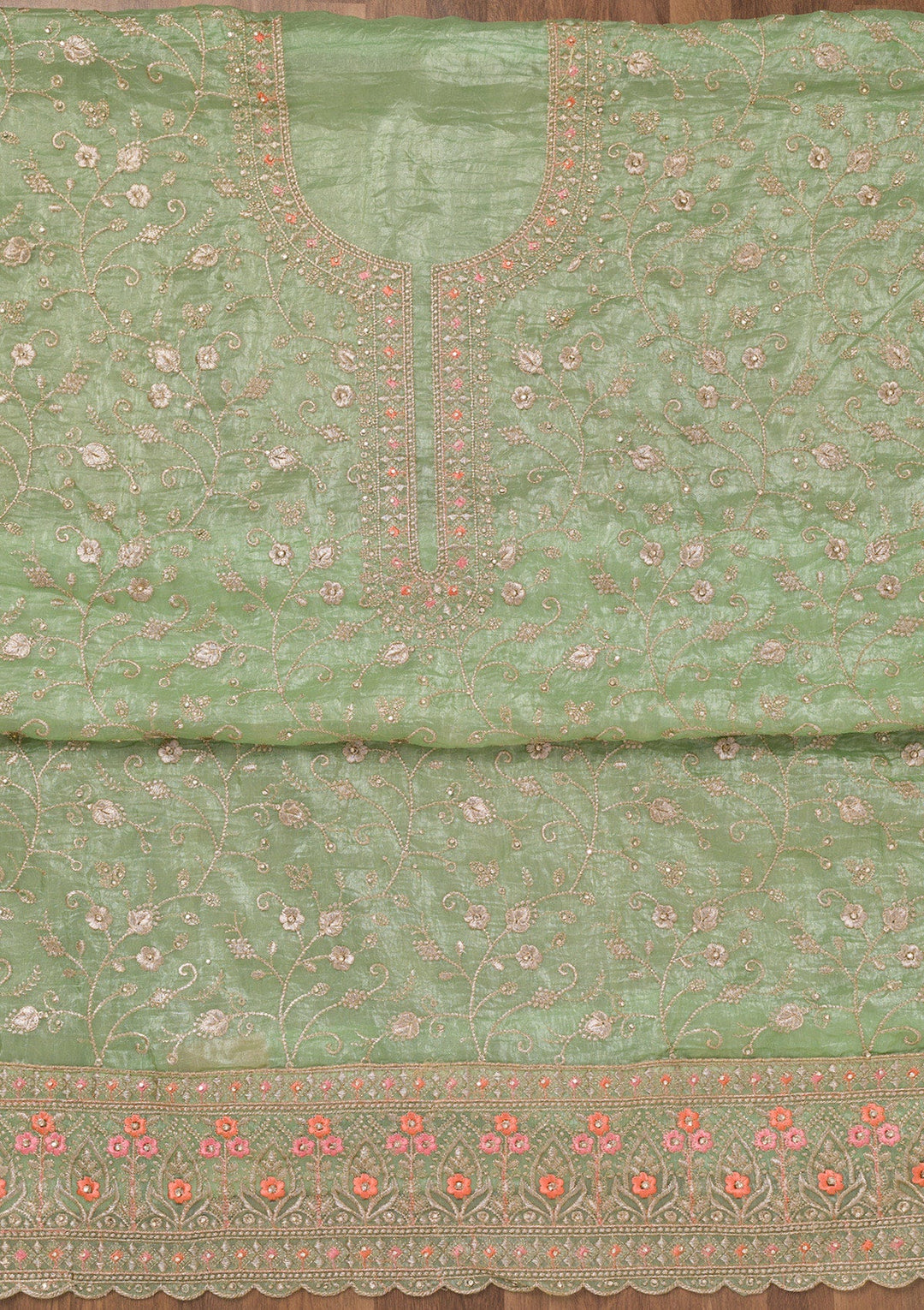 Pista Green Zariwork Tissue Unstitched Salwar Suit-Koskii