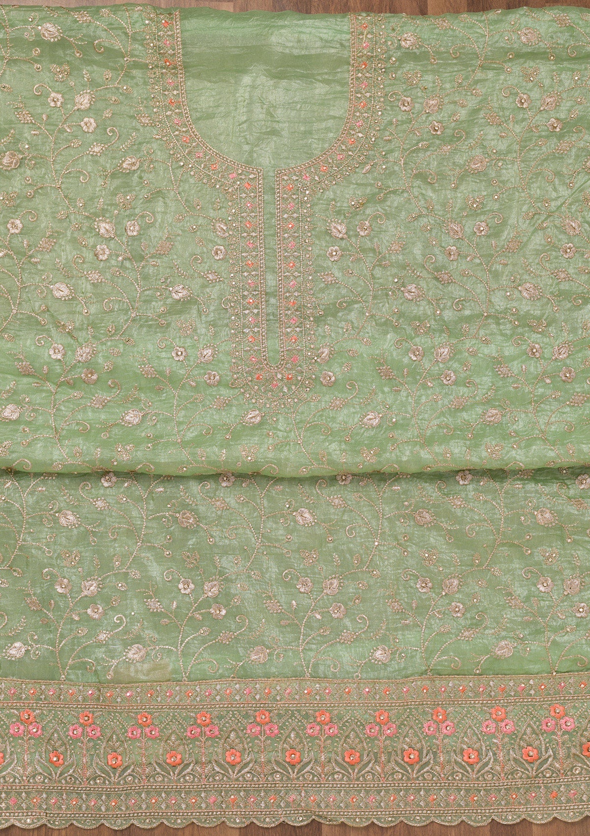 Pista Green Zariwork Tissue Unstitched Salwar Suit-Koskii