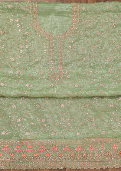 Pista Green Zariwork Tissue Unstitched Salwar Suit-Koskii