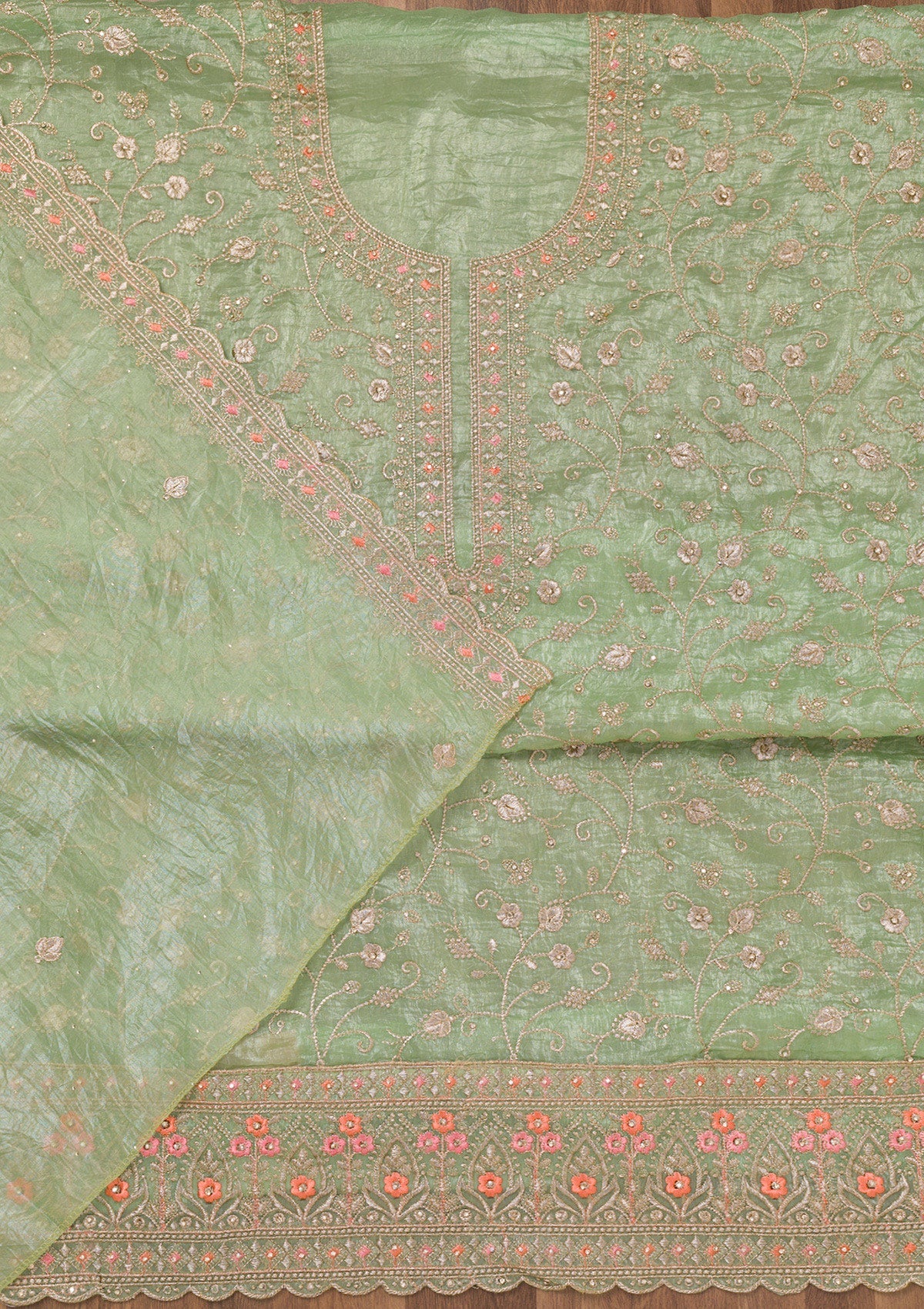 Pista Green Zariwork Tissue Unstitched Salwar Suit-Koskii