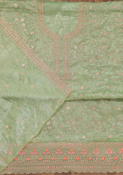 Pista Green Zariwork Tissue Unstitched Salwar Suit-Koskii