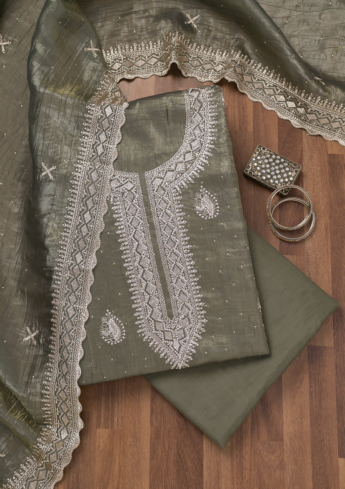 Pista Green Zariwork Tissue Unstitched Salwar Suit-Koskii