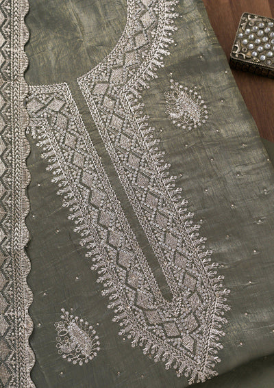 Pista Green Zariwork Tissue Unstitched Salwar Suit-Koskii
