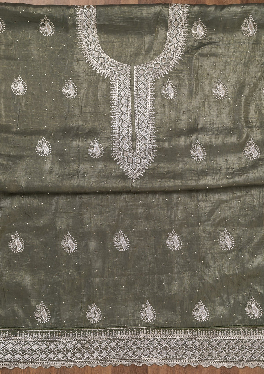 Pista Green Zariwork Tissue Unstitched Salwar Suit-Koskii