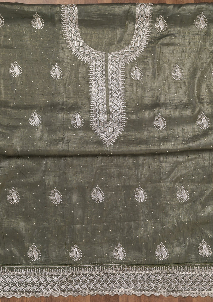 Pista Green Zariwork Tissue Unstitched Salwar Suit-Koskii
