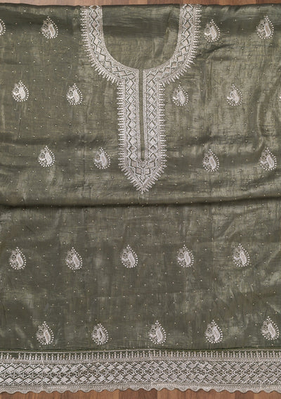 Pista Green Zariwork Tissue Unstitched Salwar Suit-Koskii