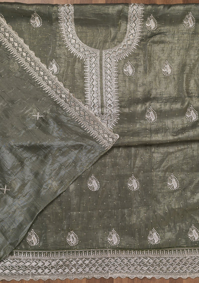 Pista Green Zariwork Tissue Unstitched Salwar Suit-Koskii