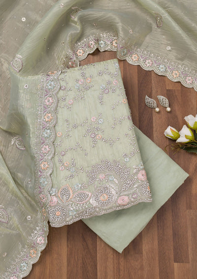 Pista Green Zariwork Tissue Unstitched Salwar Suit-Koskii