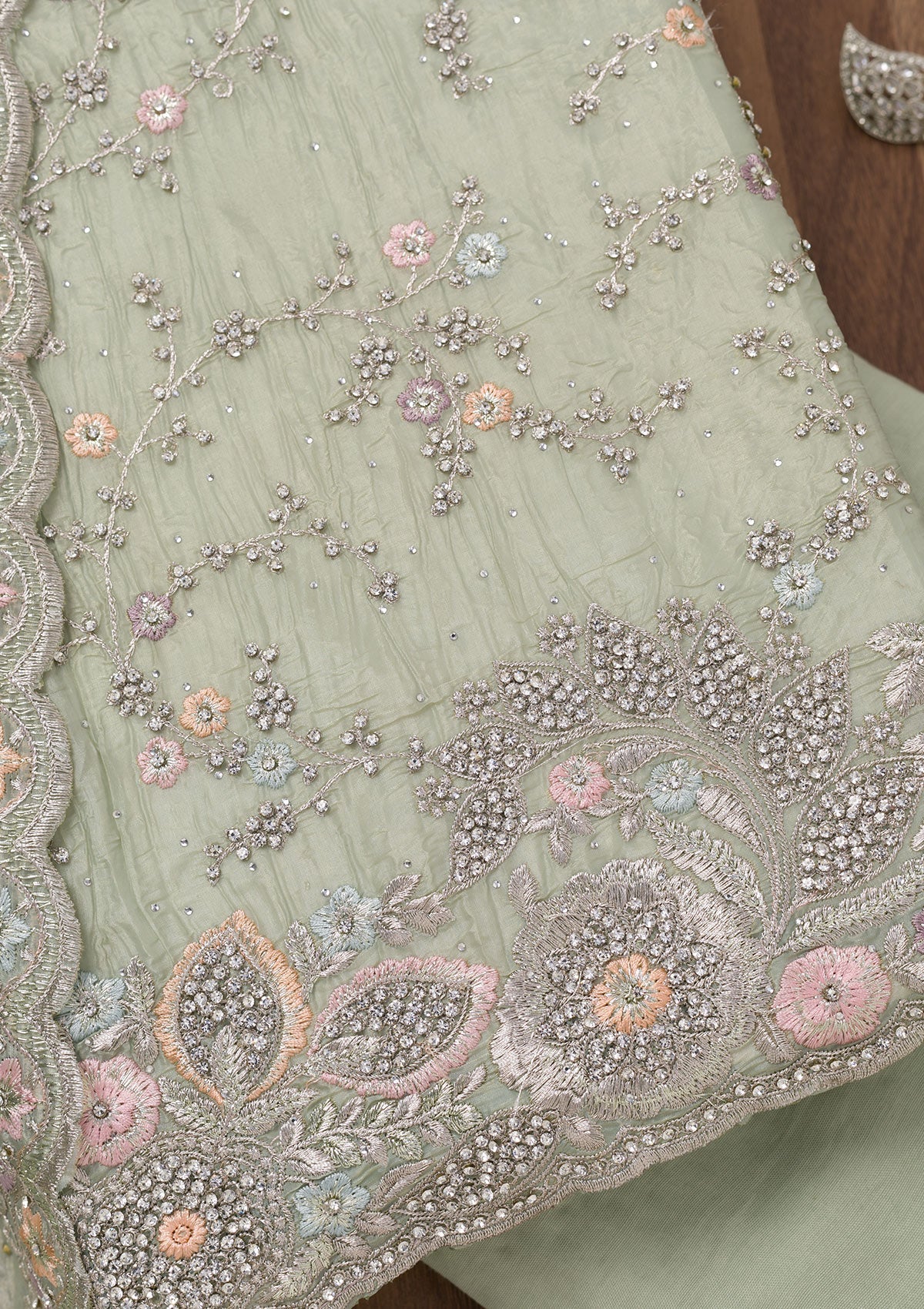 Pista Green Zariwork Tissue Unstitched Salwar Suit-Koskii