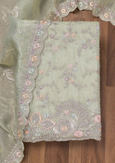 Pista Green Zariwork Tissue Unstitched Salwar Suit-Koskii
