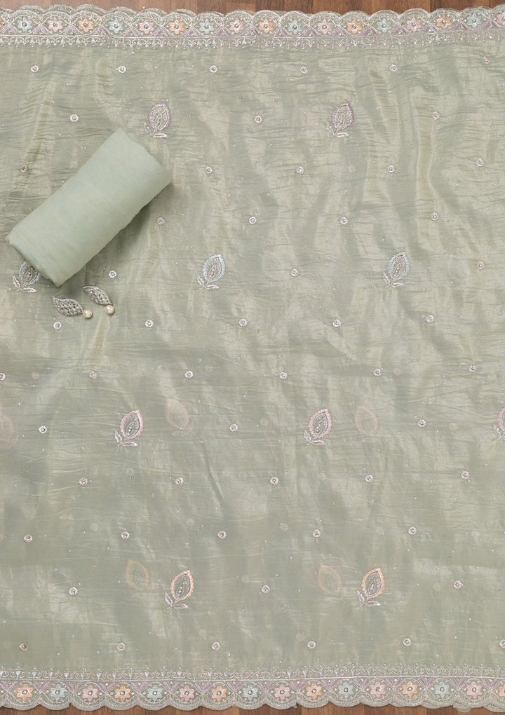 Pista Green Zariwork Tissue Unstitched Salwar Suit-Koskii