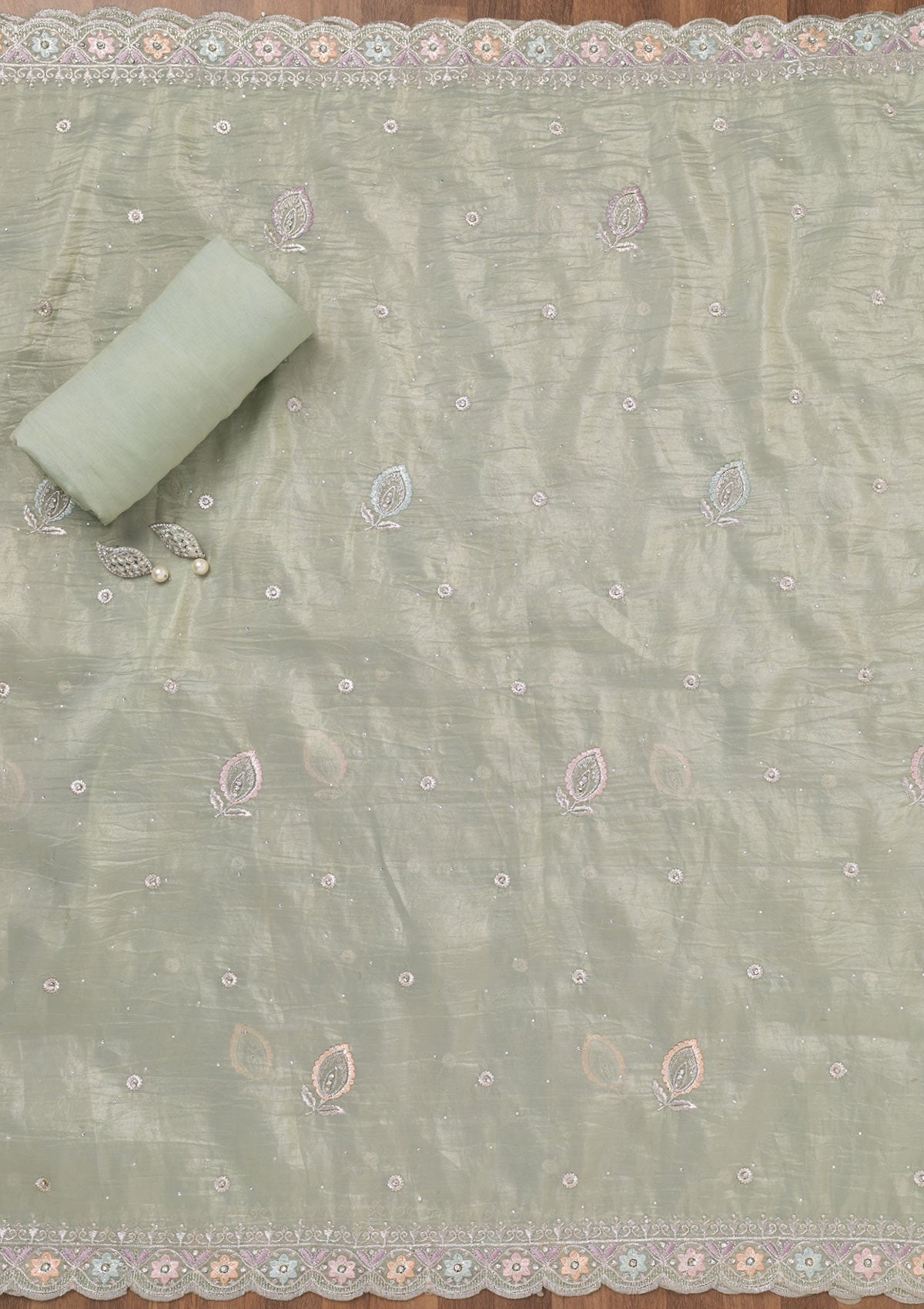 Pista Green Zariwork Tissue Unstitched Salwar Suit-Koskii