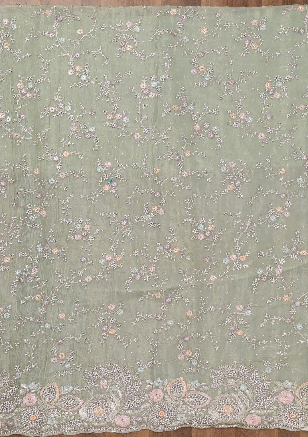 Pista Green Zariwork Tissue Unstitched Salwar Suit-Koskii