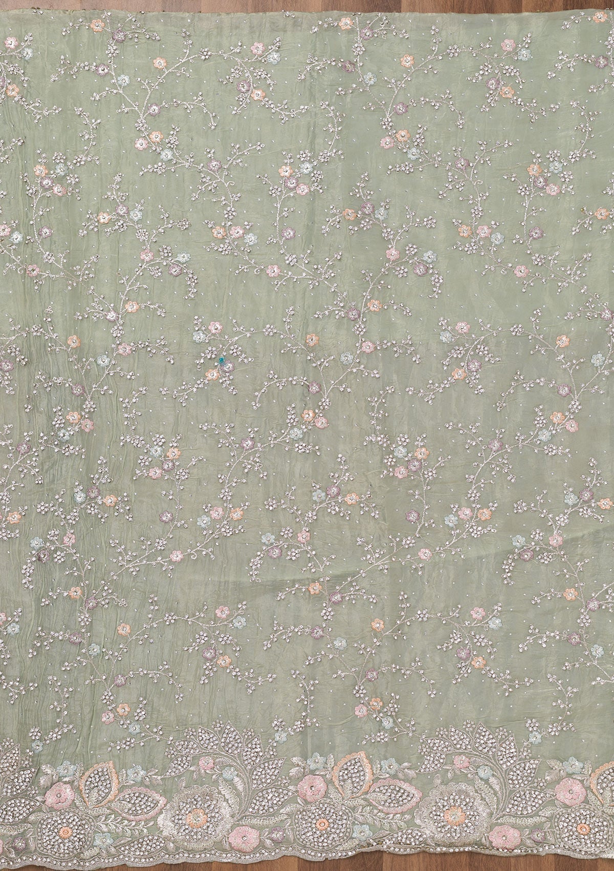Pista Green Zariwork Tissue Unstitched Salwar Suit-Koskii