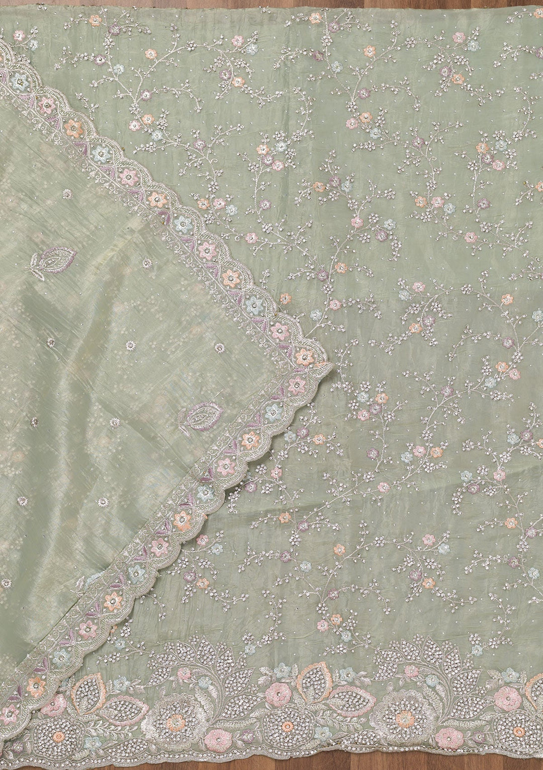 Pista Green Zariwork Tissue Unstitched Salwar Suit-Koskii