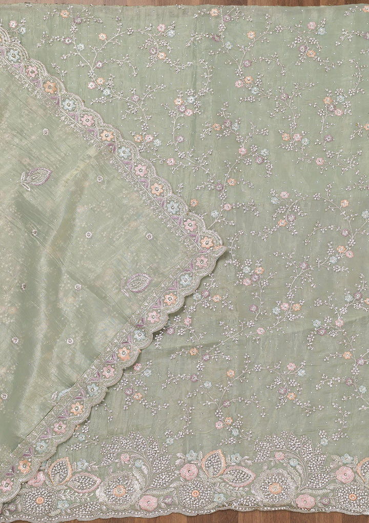 Pista Green Zariwork Tissue Unstitched Salwar Suit-Koskii