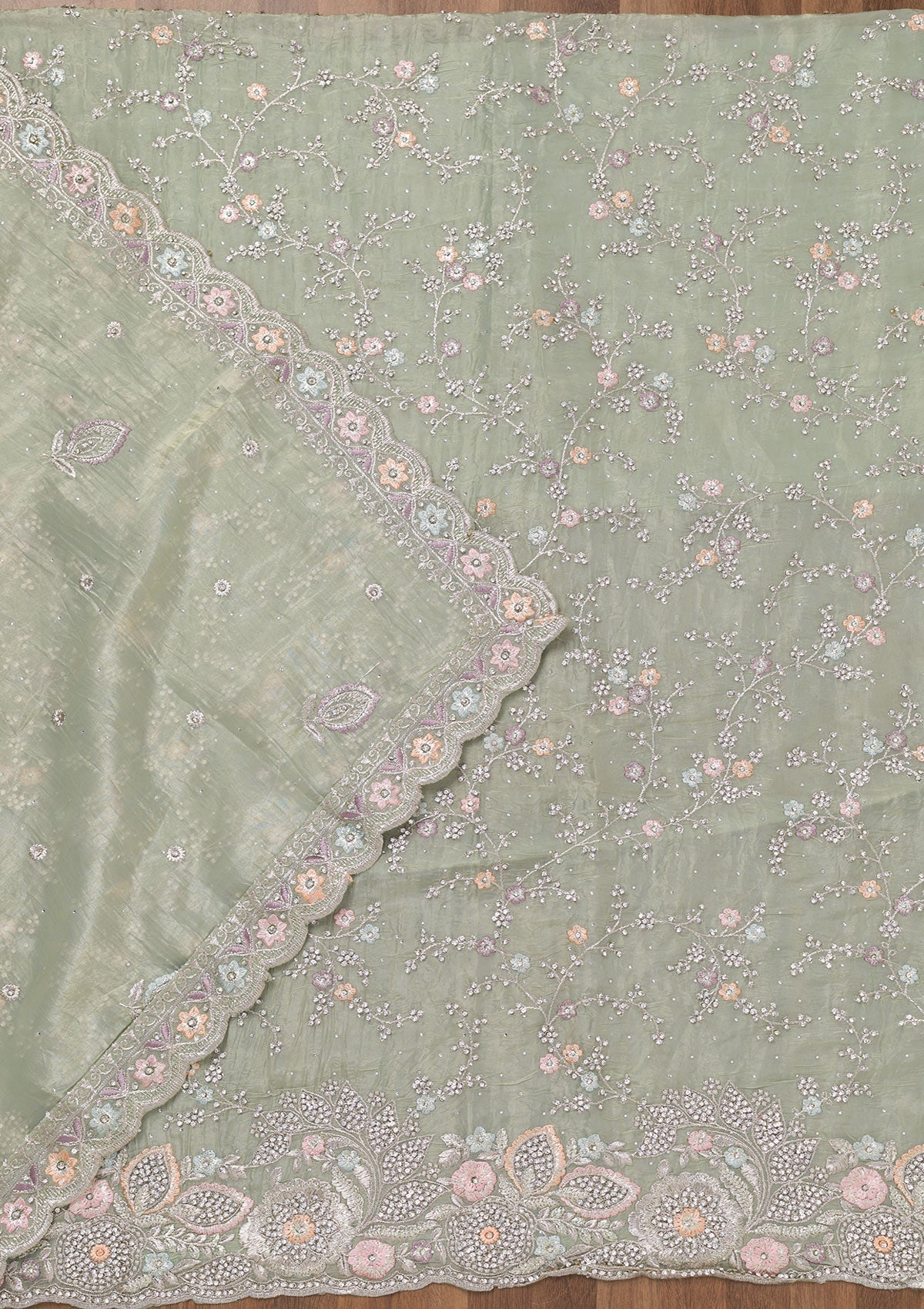 Pista Green Zariwork Tissue Unstitched Salwar Suit-Koskii