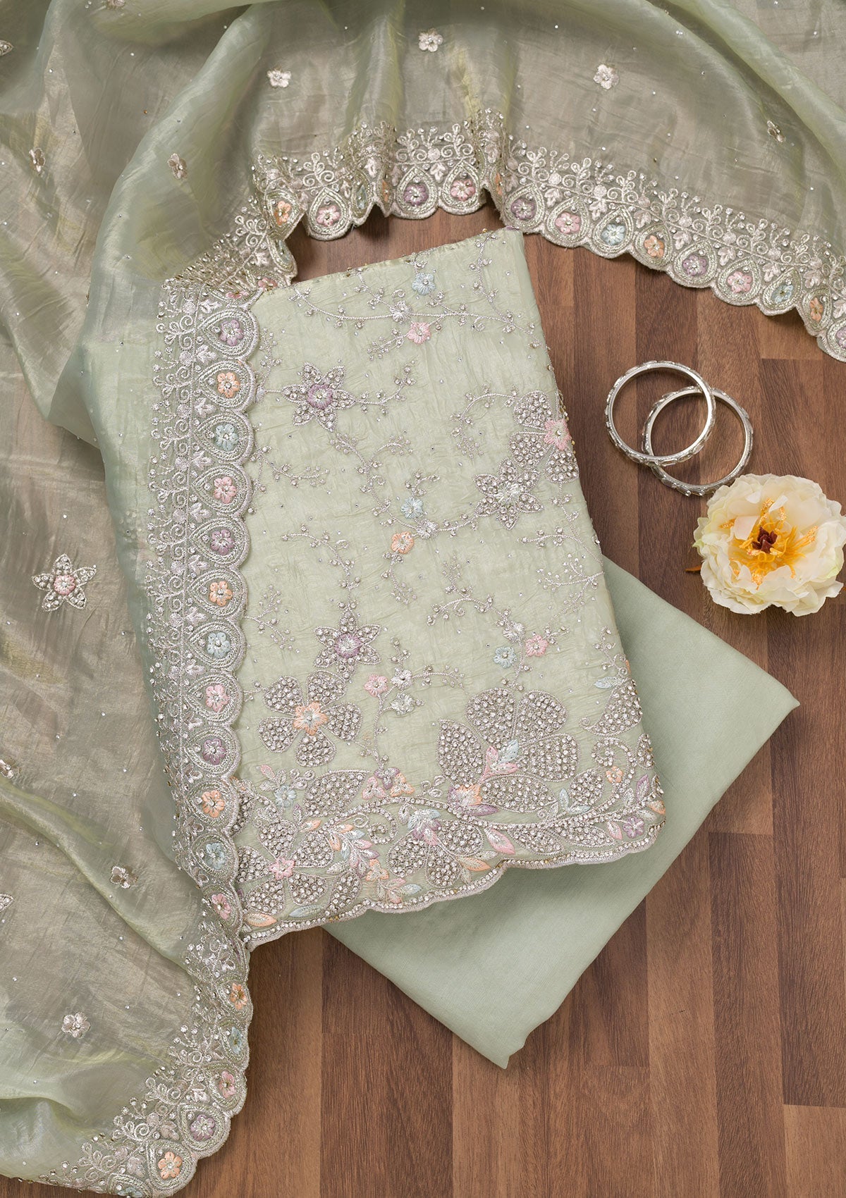 Pista Green Zariwork Tissue Unstitched Salwar Suit-Koskii