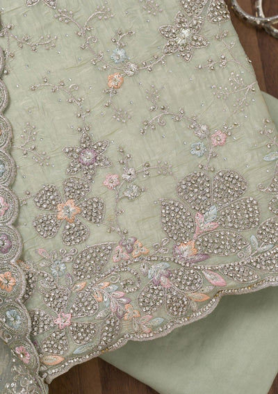Pista Green Zariwork Tissue Unstitched Salwar Suit-Koskii