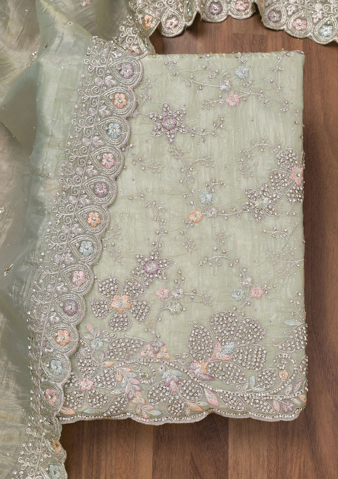Pista Green Zariwork Tissue Unstitched Salwar Suit-Koskii