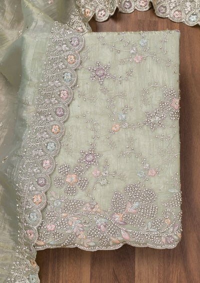 Pista Green Zariwork Tissue Unstitched Salwar Suit-Koskii