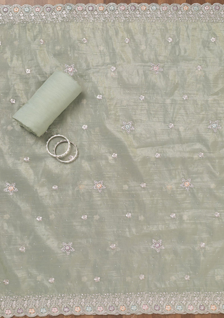 Pista Green Zariwork Tissue Unstitched Salwar Suit-Koskii