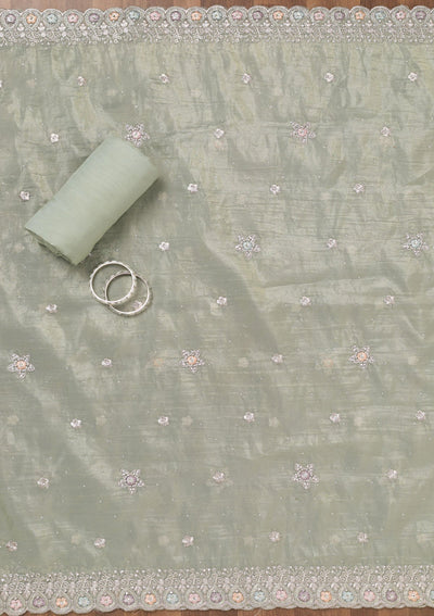 Pista Green Zariwork Tissue Unstitched Salwar Suit-Koskii