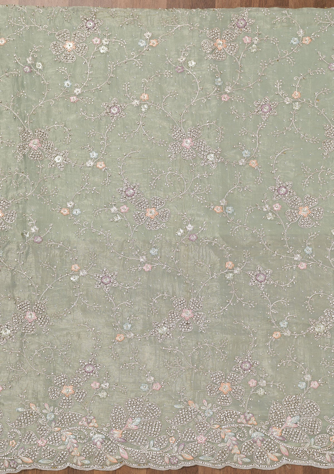 Pista Green Zariwork Tissue Unstitched Salwar Suit-Koskii