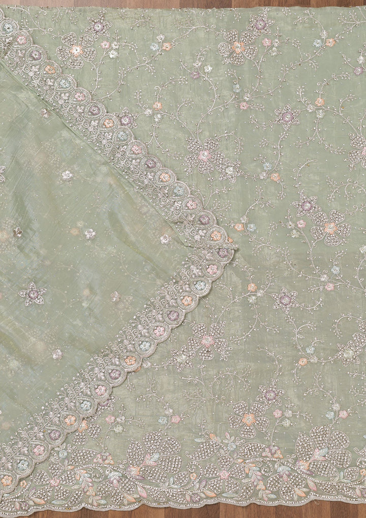 Pista Green Zariwork Tissue Unstitched Salwar Suit-Koskii
