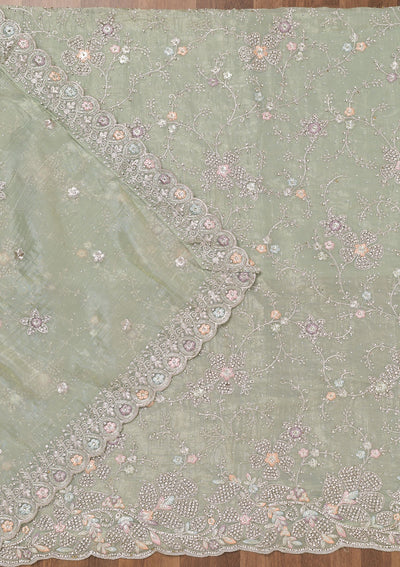 Pista Green Zariwork Tissue Unstitched Salwar Suit-Koskii