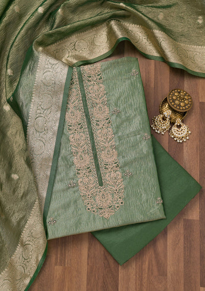 Pista Green Zariwork Tissue Unstitched Salwar Suit-Koskii