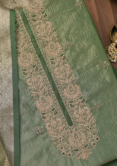 Pista Green Zariwork Tissue Unstitched Salwar Suit-Koskii