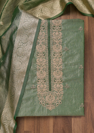 Pista Green Zariwork Tissue Unstitched Salwar Suit-Koskii