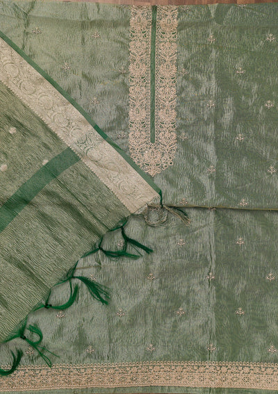Pista Green Zariwork Tissue Unstitched Salwar Suit-Koskii