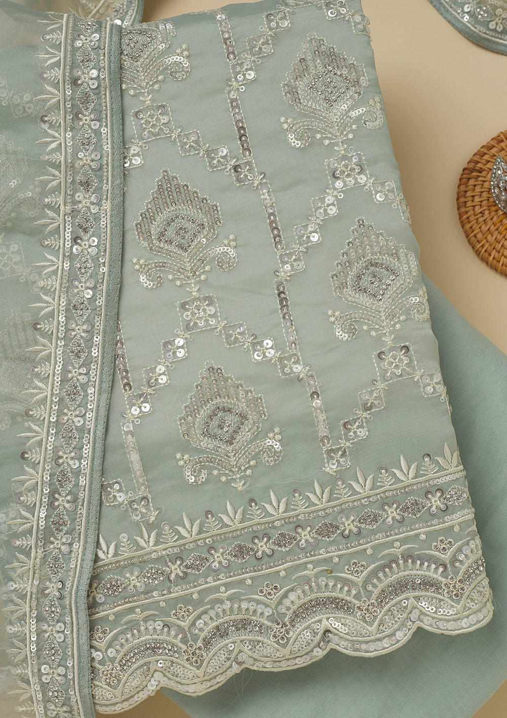 Pista Green Zariwork Tissue Unstitched Salwar Suit-Koskii