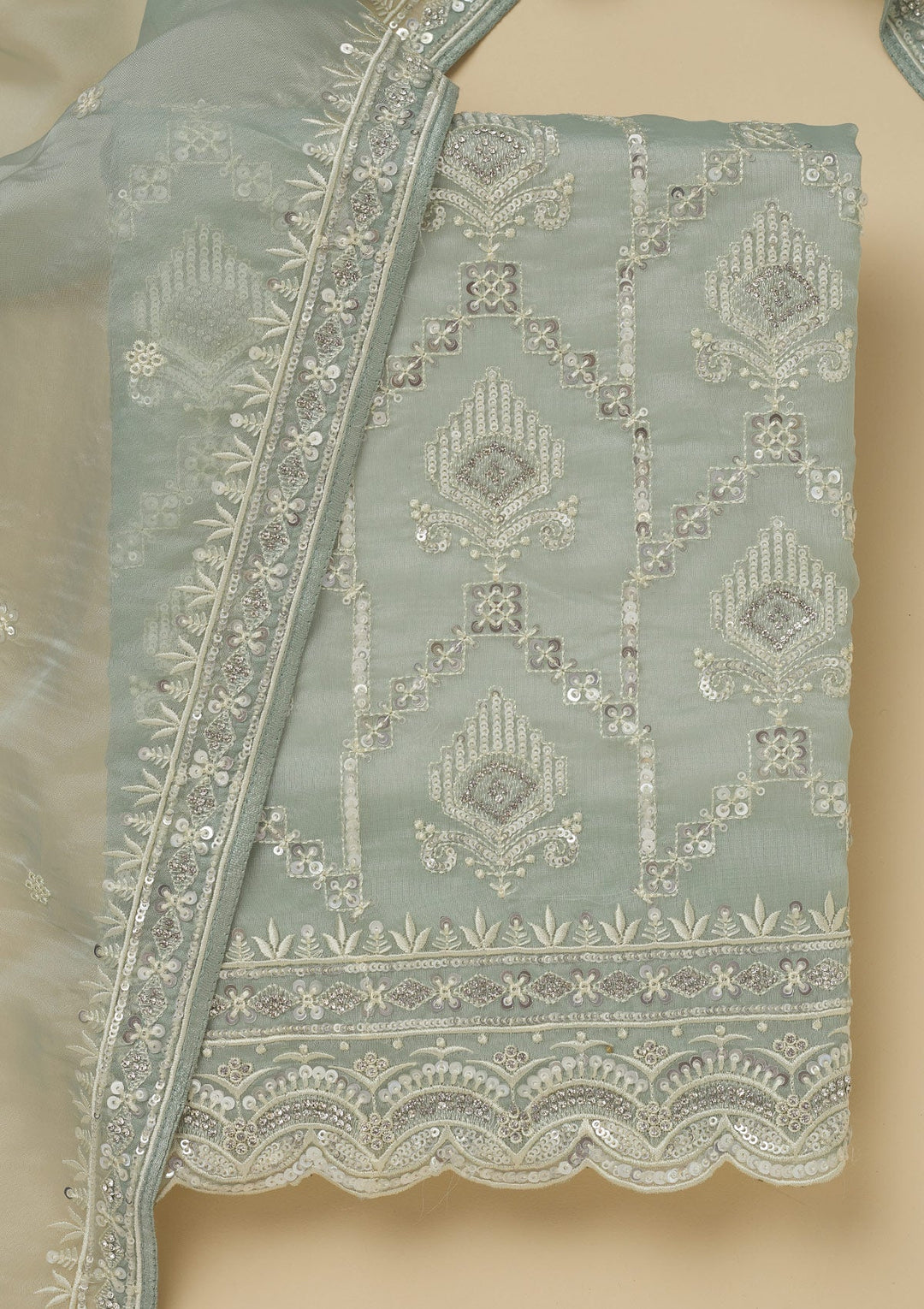 Pista Green Zariwork Tissue Unstitched Salwar Suit-Koskii