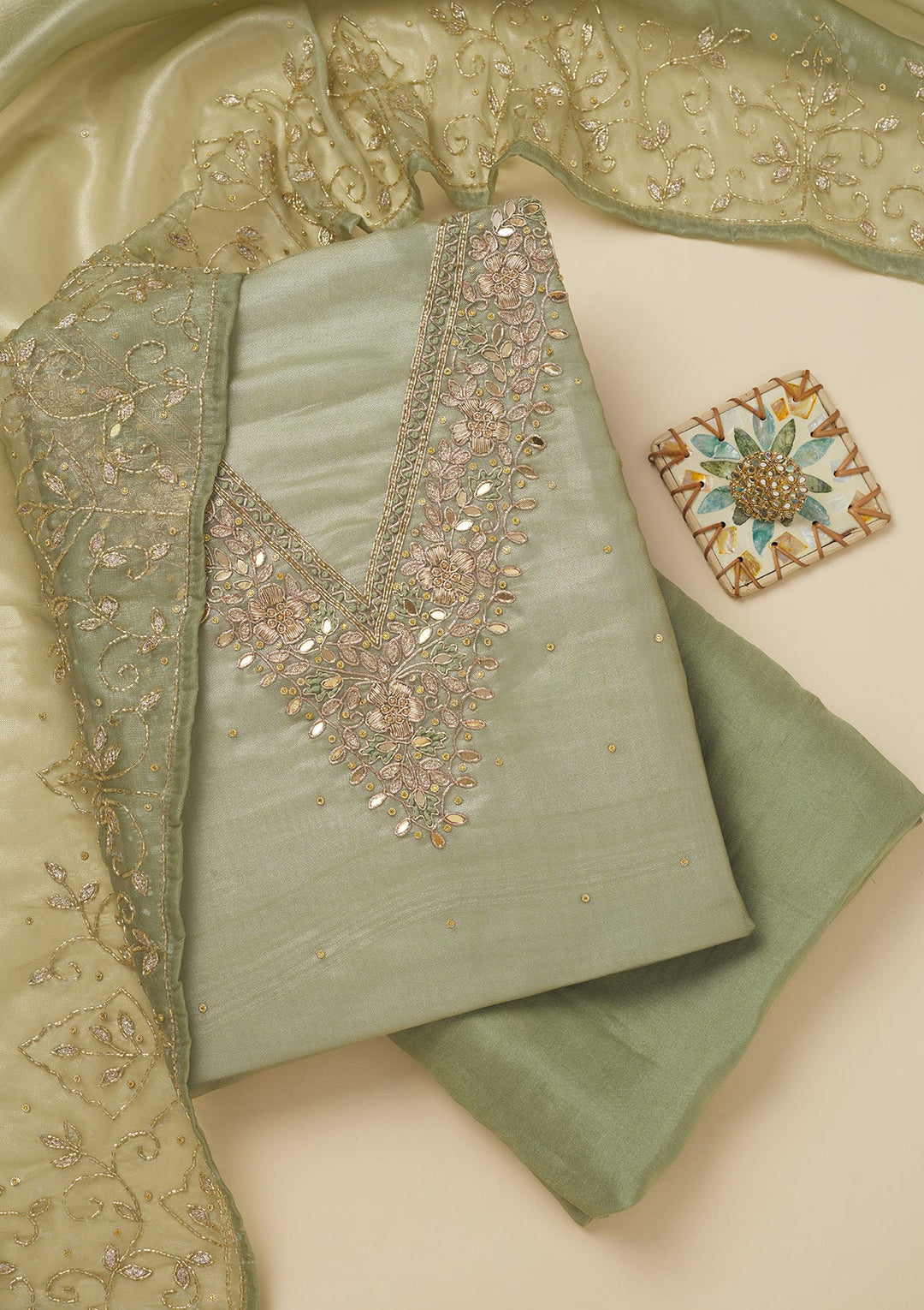 Pista Green Zariwork Tissue Unstitched Salwar Suit-Koskii