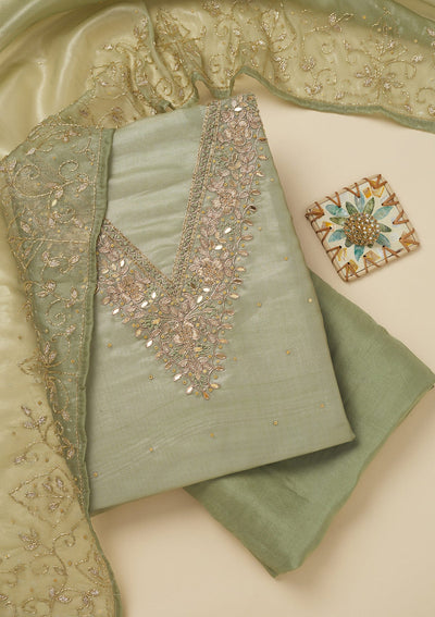 Pista Green Zariwork Tissue Unstitched Salwar Suit-Koskii